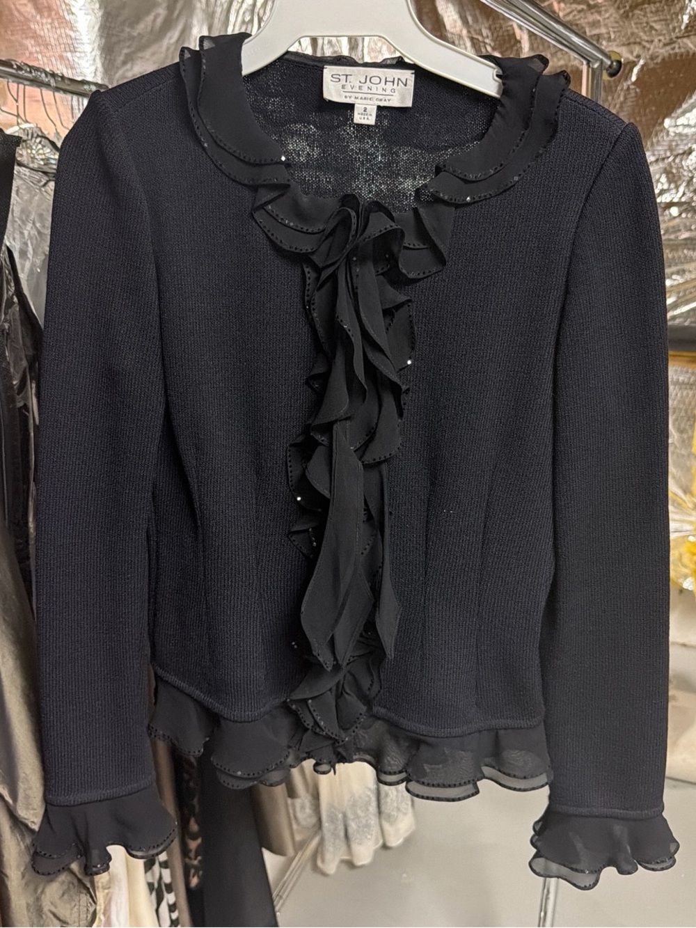 St. John Evening Black Ruffle Knit Top
